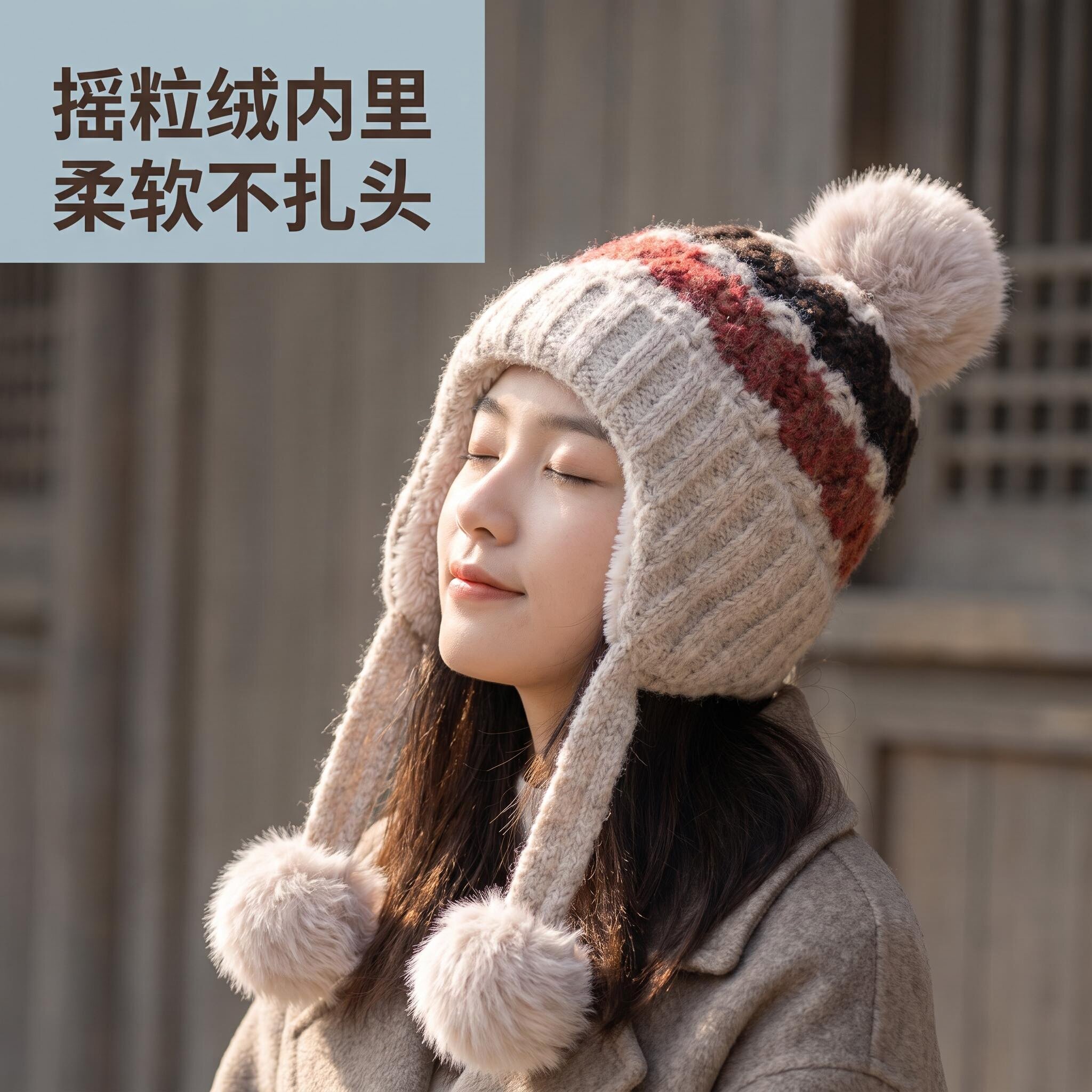 韩系拼色毛线帽女秋冬加绒保暖护耳针织帽甜美防寒雷锋帽学生冷帽