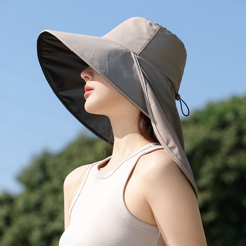 大帽檐遮阳帽女夏季新款防紫外线太阳帽护脖颈一体披肩拖尾防晒帽