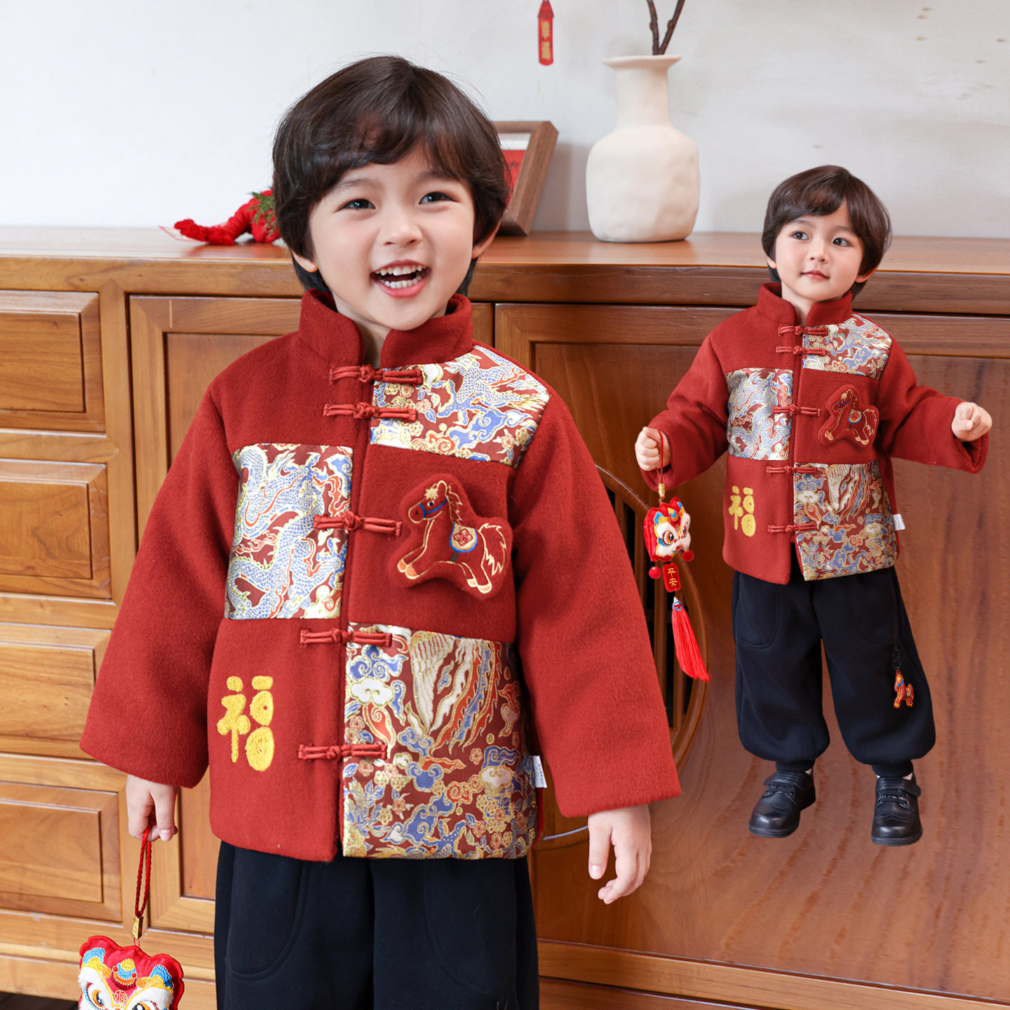 男童拜年服2025新款儿童过年衣服周岁礼服男宝冬季加厚开衫外套新