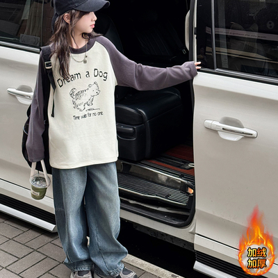 女童圆领加绒打底衫秋冬款2025新款中大童儿童冬季女孩一体绒上衣