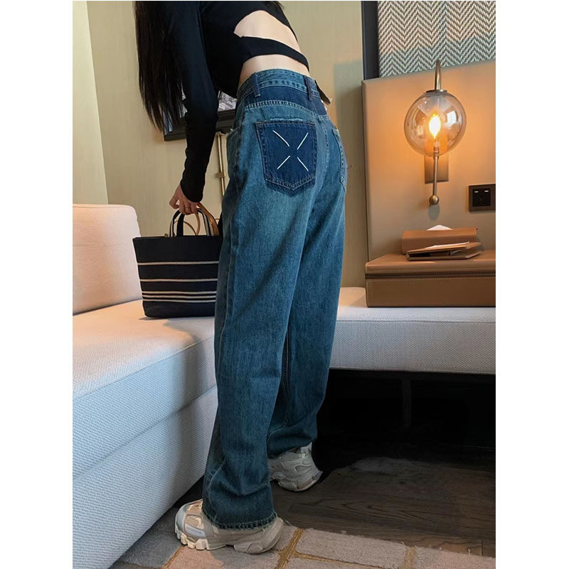 PLUS SIZE RETRO STRAIGHT-LEG JEANS WOMENS MOPPING HIGH WAIST PEAR-SHAPED SLIMMED DESIGN LOOSE RAW-EDGED WIDE-LEG PANTS