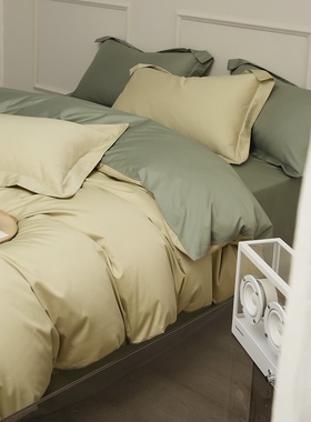 草绿色北欧极简风140支长绒棉四件套新疆纯全棉床单被套床上用品