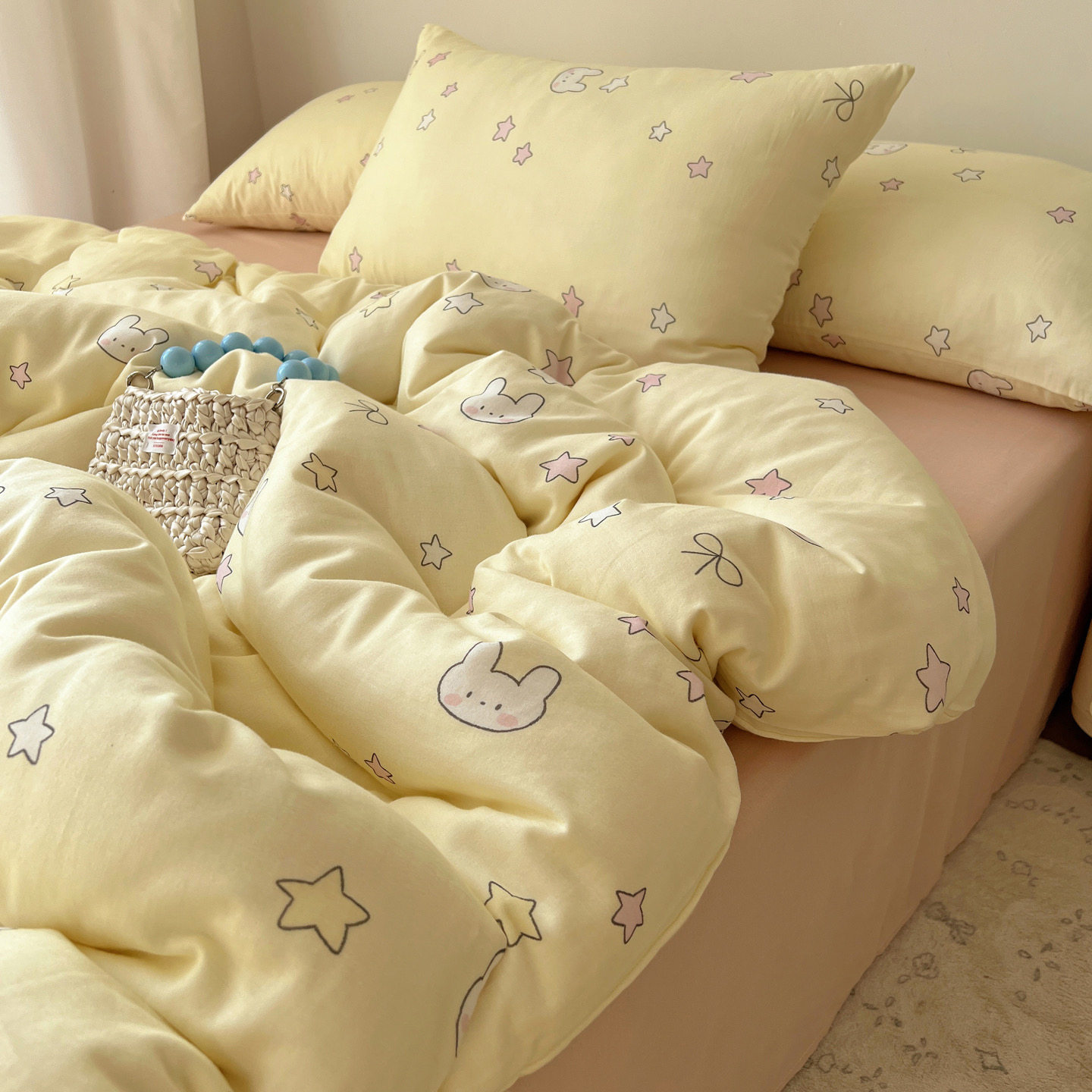 A类星星黄色小兔子双层纱全棉四件套纯棉被套床单床上用品纱布1.2