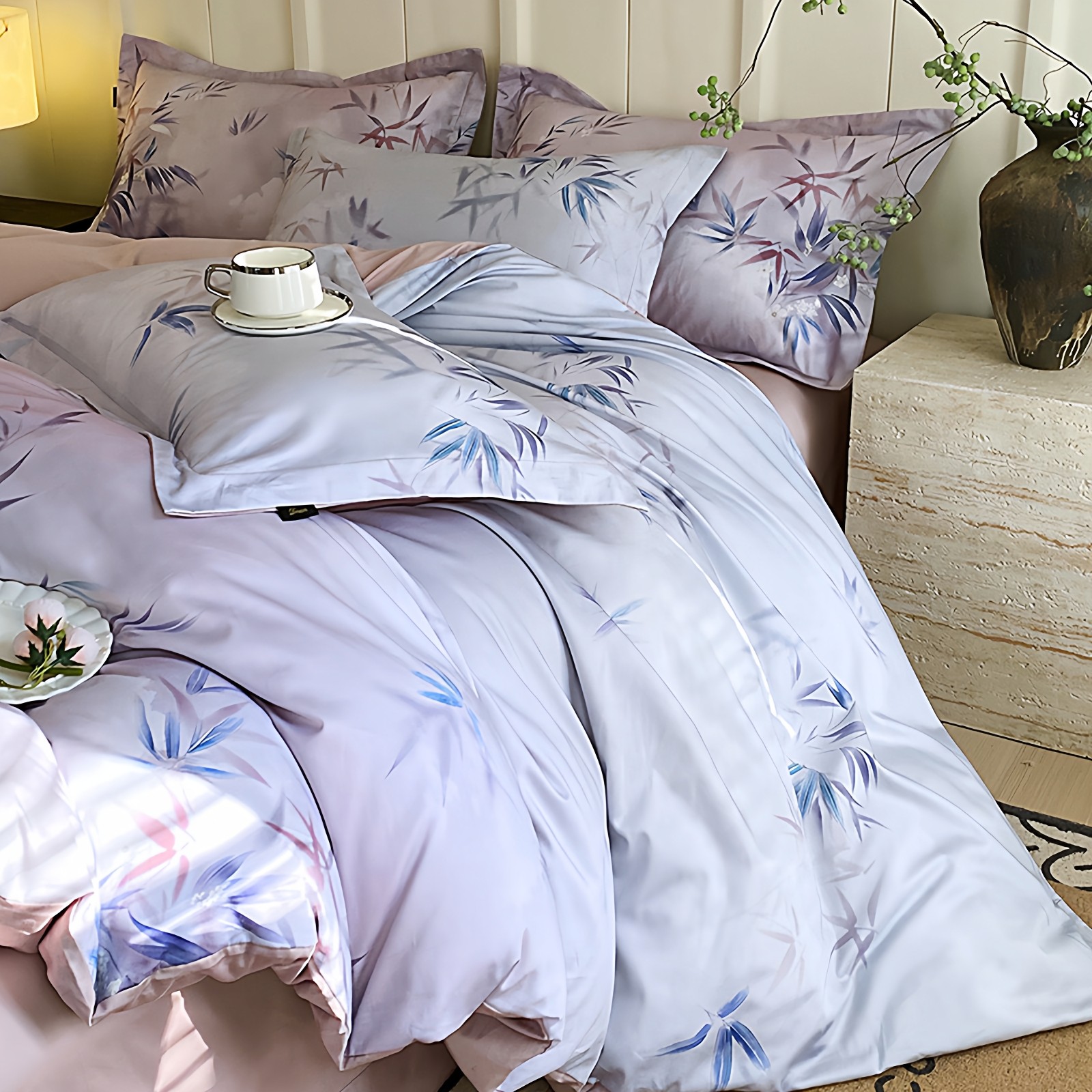 竹子竹叶全棉四件套纯棉被套床笠款床上用品紫色大学生寝室2m加大