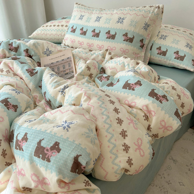 A类波西米亚小狗双层纱全棉四件套纯棉被套床单床上用品纱布1.2m