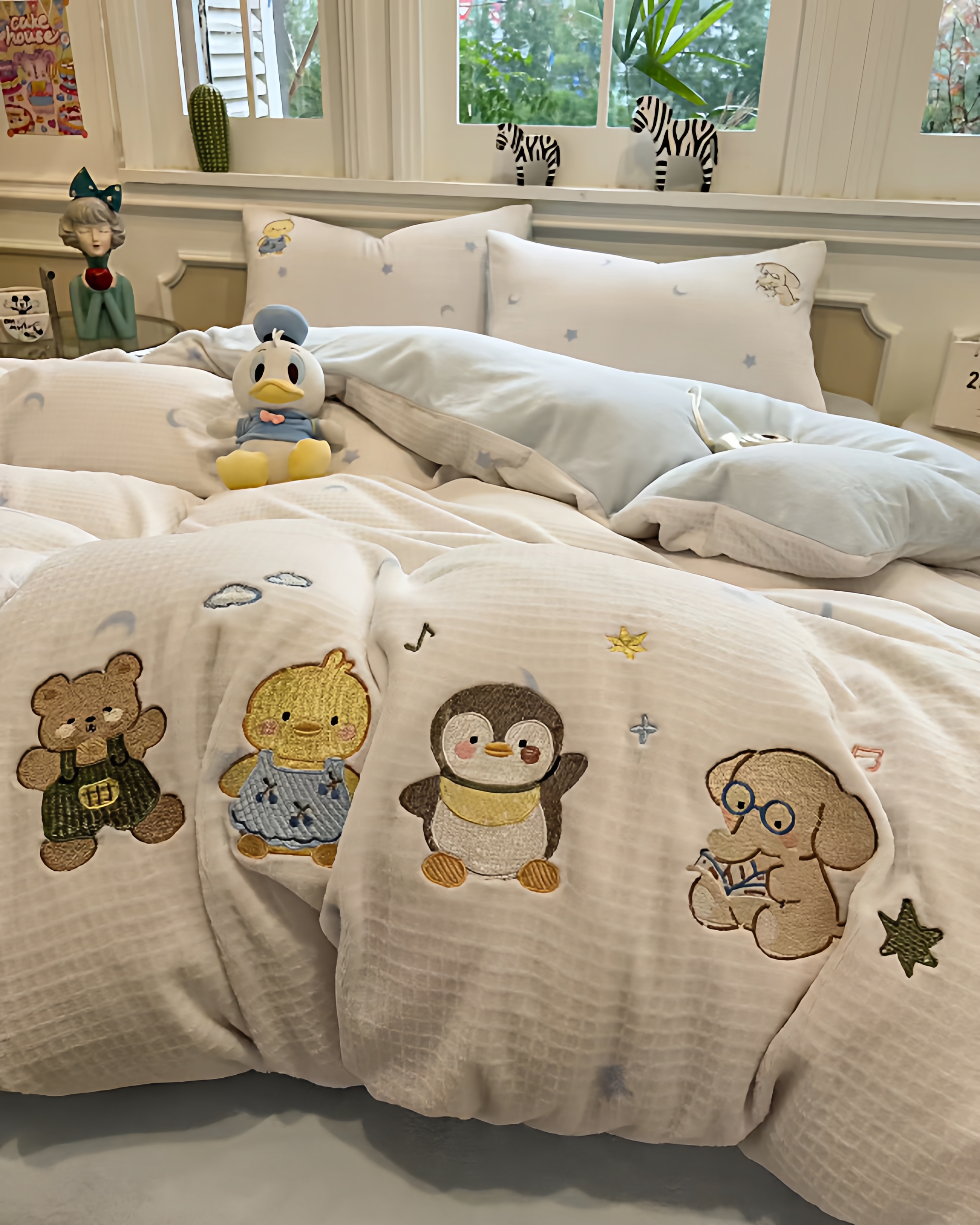 秋冬牛奶绒保暖星星月亮床上四件套1.5m1.8公寓被套三件套2米企鹅