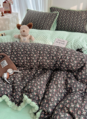 豆豆绒球球绿色碎花四件套全棉宝宝绒A棉B绒1.5m1.8m秋冬床款加大