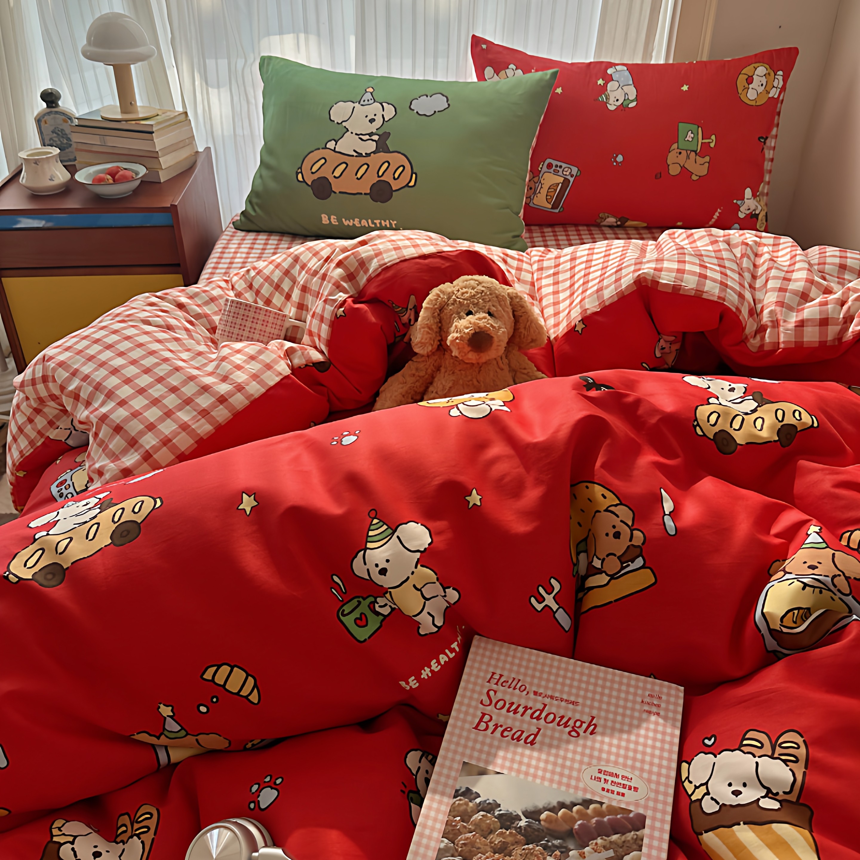 元气可爱全棉四件套星星面包法棍小狗红色纯棉床单被单被罩格子