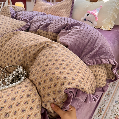 A棉B绒豆豆绒双层纱全棉四件套加厚纯棉床单被套床上用品加大2m