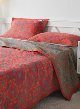 红色吉祥花纹纯棉a类母婴级全棉双层纱盖毯碎花边学生宿舍多功能