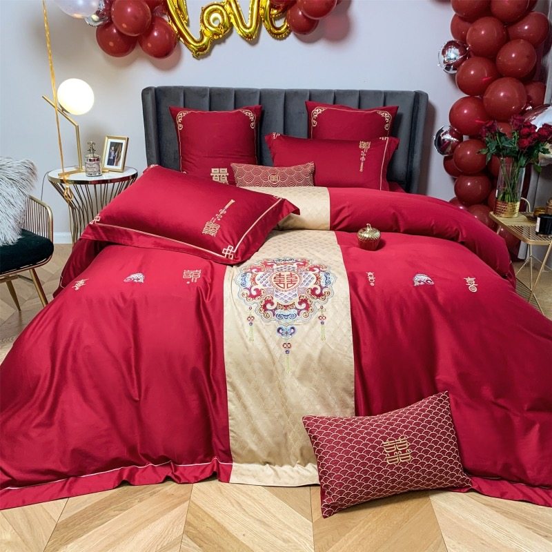 新中式婚庆被套四套60长绒棉红色刺绣结婚用单床床上大用件品纯棉