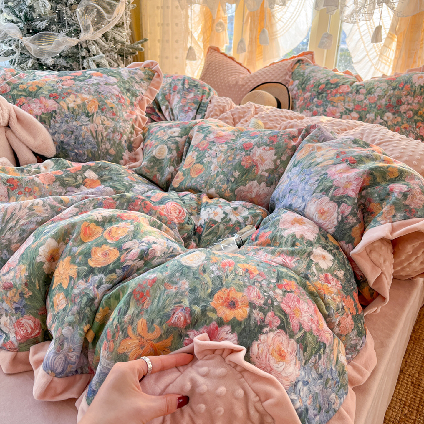 A棉B绒豆豆绒双层纱全棉四件套加厚纯棉床单被套床上用品加大2m