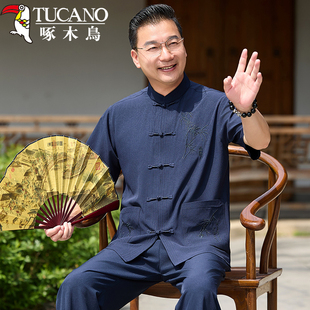 啄木鸟中老年爷爷套装男中国风唐装男士爸爸夏装短袖老年人衣服70