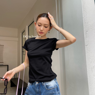 DG-夏上新简约风圆领修身后背绑带设计短袖T恤10160