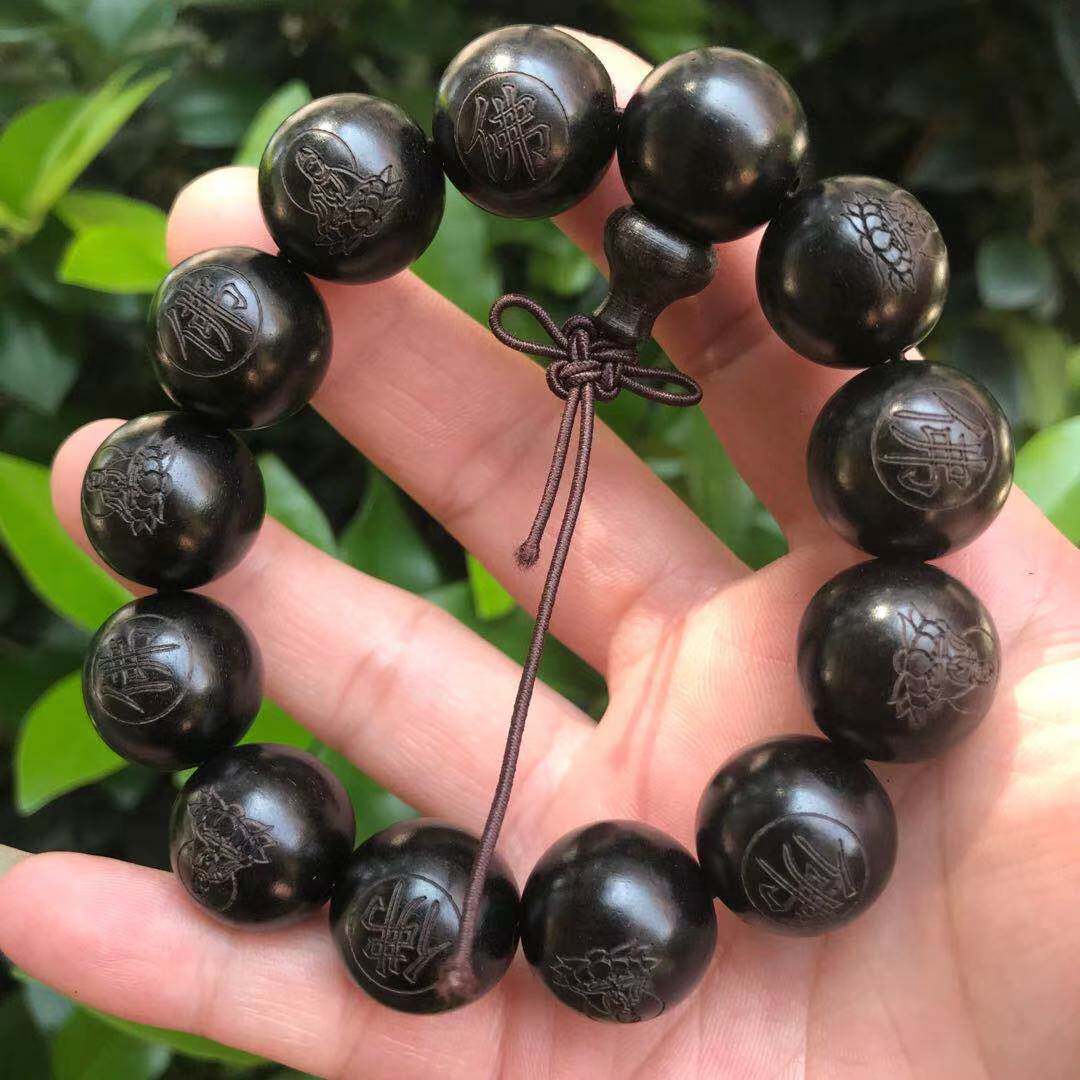天然印度黑檀木雕刻佛字观音佛像手串佛珠男女款情侣手链文玩饰品