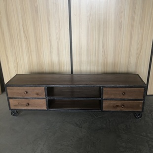 复古实木电视柜卧室客厅小户型铁艺带轮移动矮柜现代简约 新品 美式