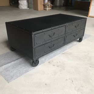 客厅双面抽屉长方形几烤漆铁皮茶几 复古铁艺茶几可移动工业风整装