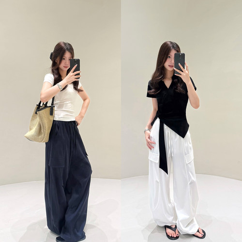 极简风高腰阔腿裤女宽松显瘦百搭松弛感休闲裤藏青色