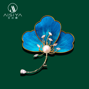 中式高档优雅蓝色非遗绒花银杏叶胸针气质镶石淡水珍珠叶子别针
