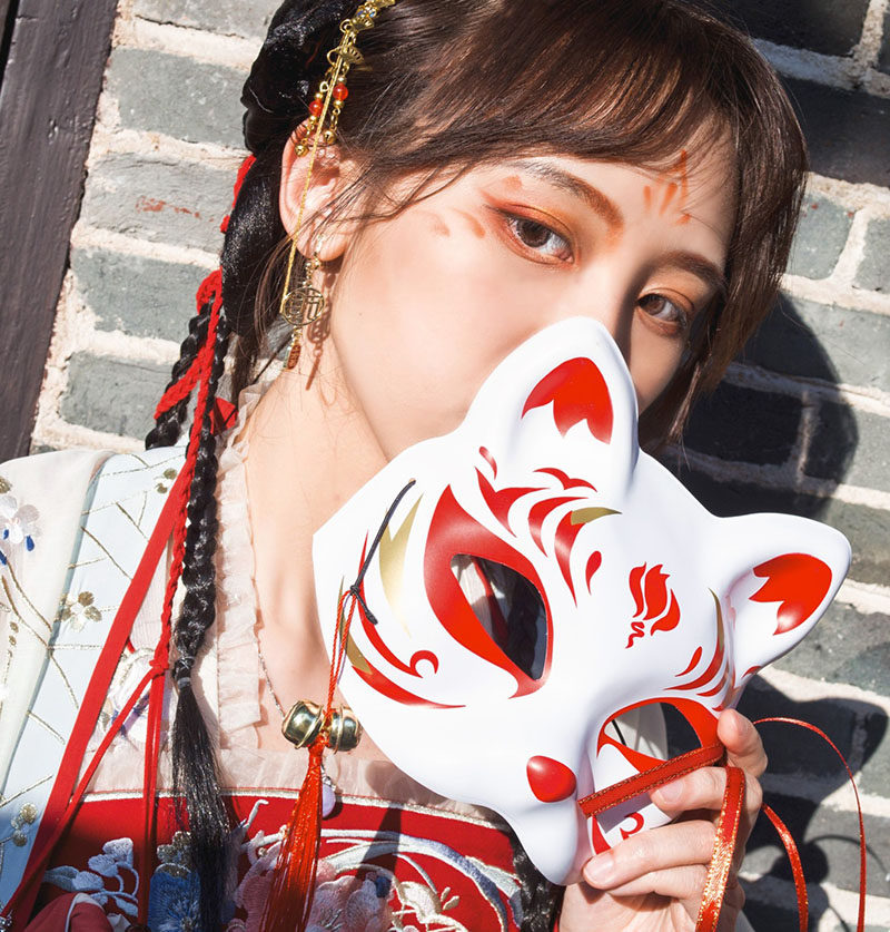 神明少女拍照道具面具中国风狐狸面具半脸猫古风汉服摄影