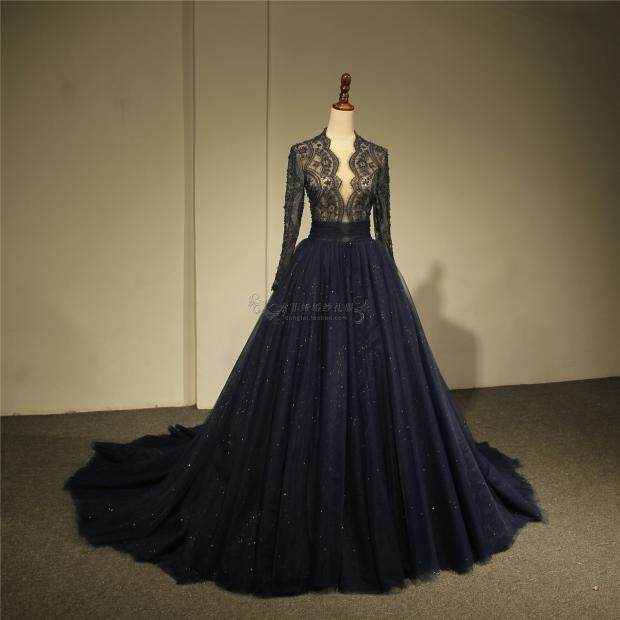 高端定制2019夏季礼服一字肩长袖婚纱藏青欧美版型大拖尾婚纱影楼|ruв категории Женская одежда, Cвадебные платья, свадебное платье - от Buy2taobao.com для оказания профессиональной услуги покупки агента Taobao