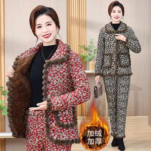 妈妈冬装加绒加厚棉衣套装女中老年时尚大码棉服两件套保暖花棉袄