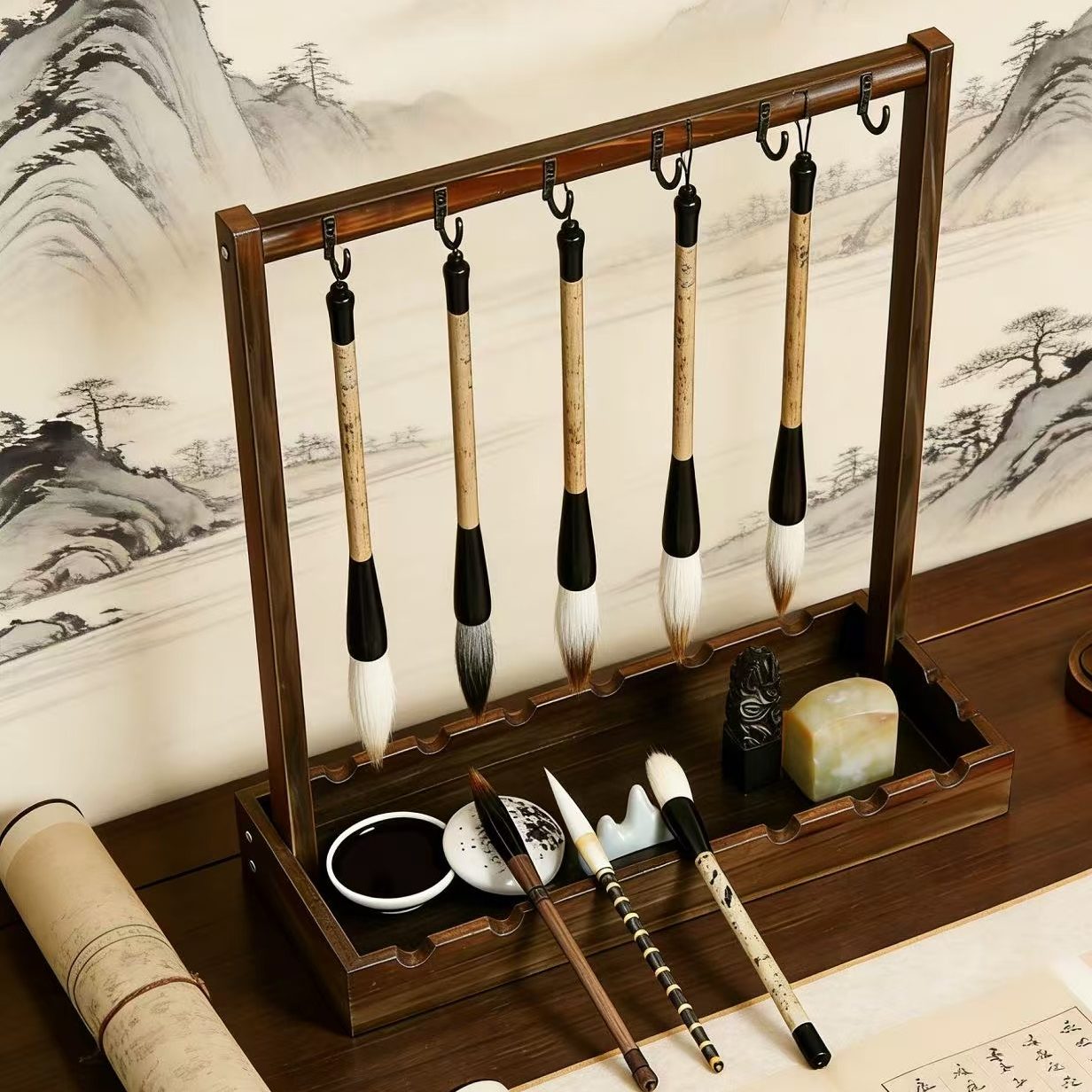 高档实木毛笔架笔挂架架子中式悬挂复古书法笔托挂架文房四宝毛毡图片