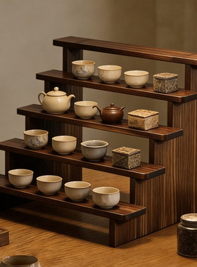 纯实木展示架收纳架手办玩偶盲盒古博阶梯茶具小瓶酒茶叶摆件复古