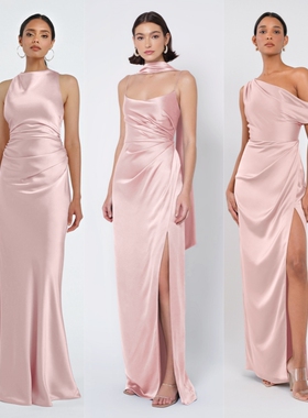 绝美一字肩粉色缎面姐妹团伴娘服轻礼服裙生日订婚高级小众伴娘裙