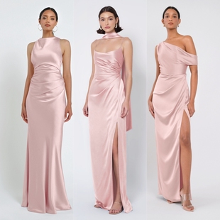 绝美一字肩粉色缎面姐妹团伴娘服轻礼服裙生日订婚高级小众伴娘裙