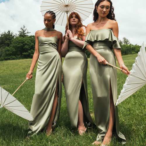 绝美西式森系绿色缎面伴娘服高端主持人成人礼姐妹伴娘团轻礼服裙
