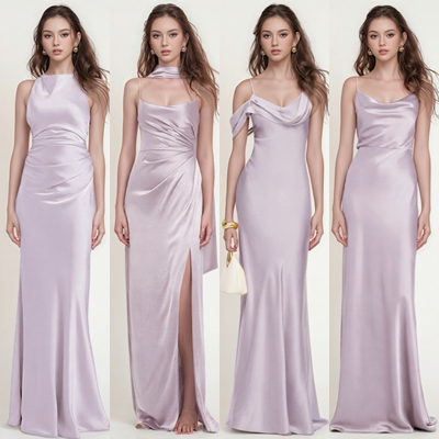 绝美浅紫色缎面伴娘服