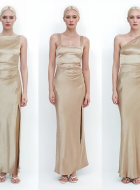 香槟色缎面伴娘服礼服裙子日常平时可穿高级小众简单大方大码胖mm