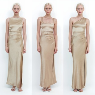 香槟色缎面伴娘服礼服裙子日常平时可穿高级小众简单大方大码 胖mm