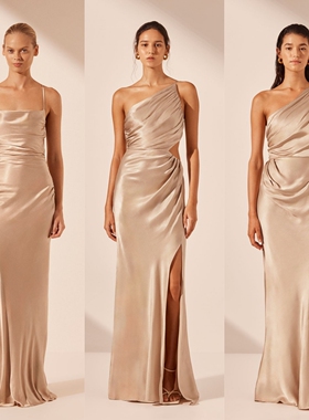 香槟色缎面伴娘服礼服姊妹伴娘裙高级感姐妹服伴娘团气质显瘦小众