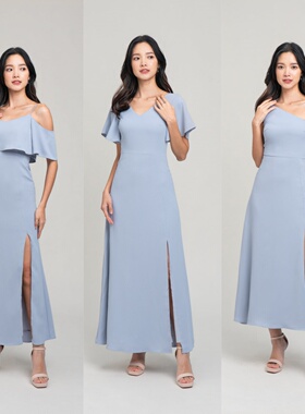 浅蓝色缎面伴娘服礼服2024新款夏天遮手臂伴娘裙简单大方胖mm大码