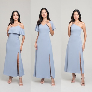 浅蓝色缎面伴娘服礼服2024新款 夏天遮手臂伴娘裙简单大方胖mm大码