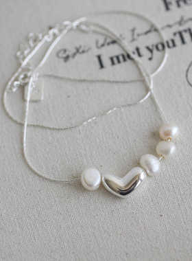 一枝橘 海洋与心 复古ins风925银爱心项链 天然珍珠桃心锁骨链