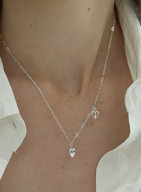 一枝橘 通体925银双心立体气质锁骨链韩国小众设计感简约爱心