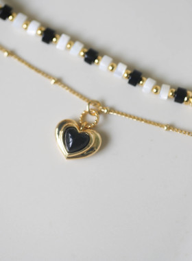 一枝橘 复古秋冬黑白高级配色天然石项链 玛瑙爱心锁骨链毛衣链