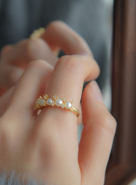 一枝橘 珍珠花环 复古925银花环戒指 可调节法式钻戒指饰品