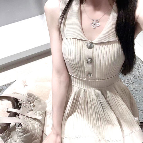 LXYG小香风翻领掐腰无袖连衣裙女夏季高级感修身显瘦绝美法式短裙