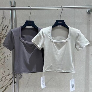 元熙8078方领露锁骨短袖T恤女2026春夏新款修身纯色U领显瘦上衣潮