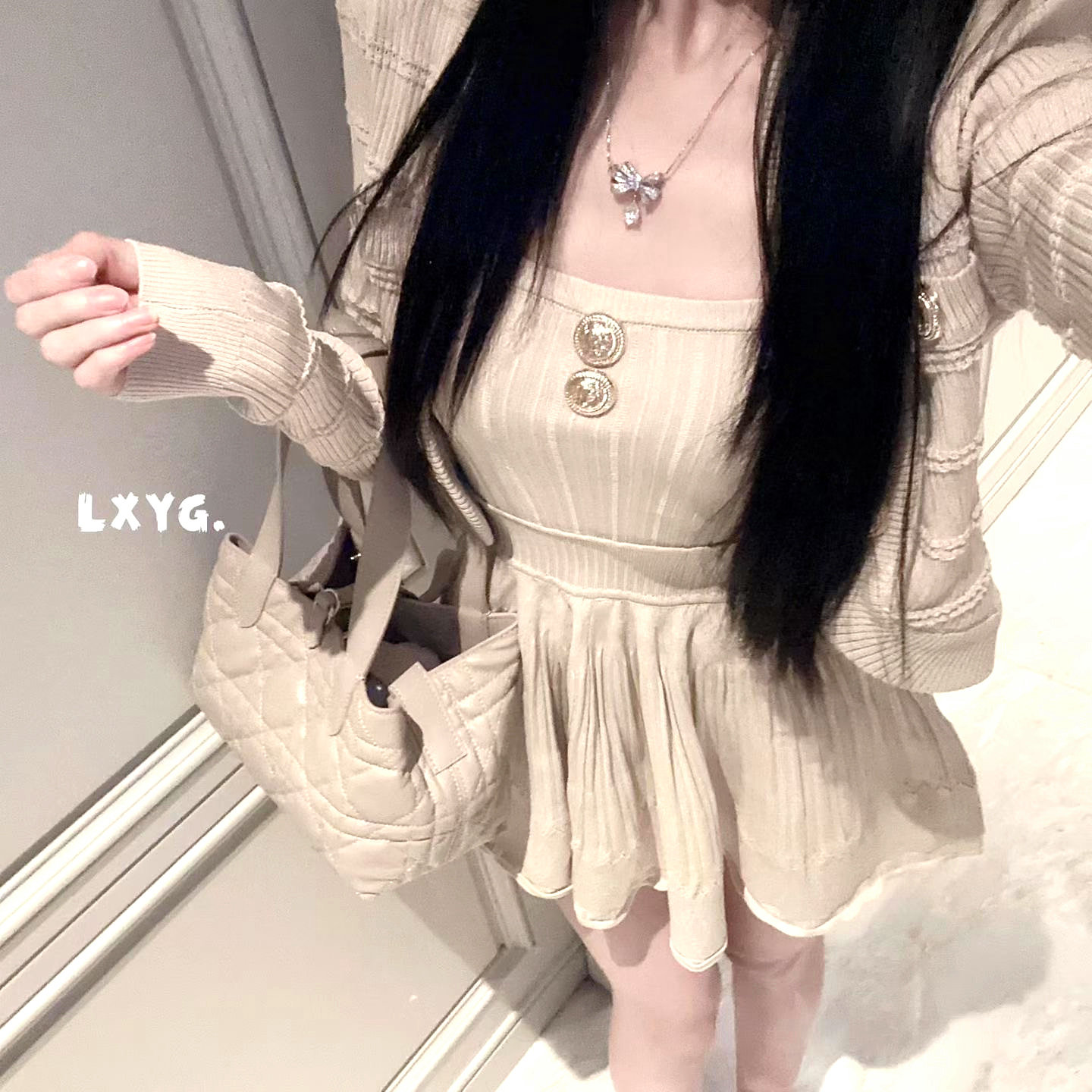 LXYG纯欲风气质巴家白针织开衫上衣收腰吊带短裙女芭蕾风两件套春