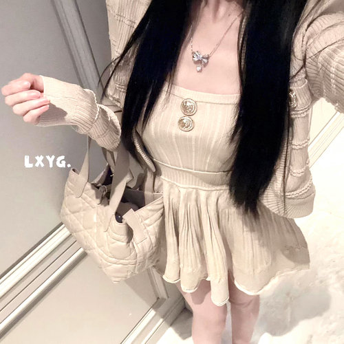 LXYG纯欲风气质巴家白针织开衫上衣收腰吊带短裙女芭蕾风两件套春