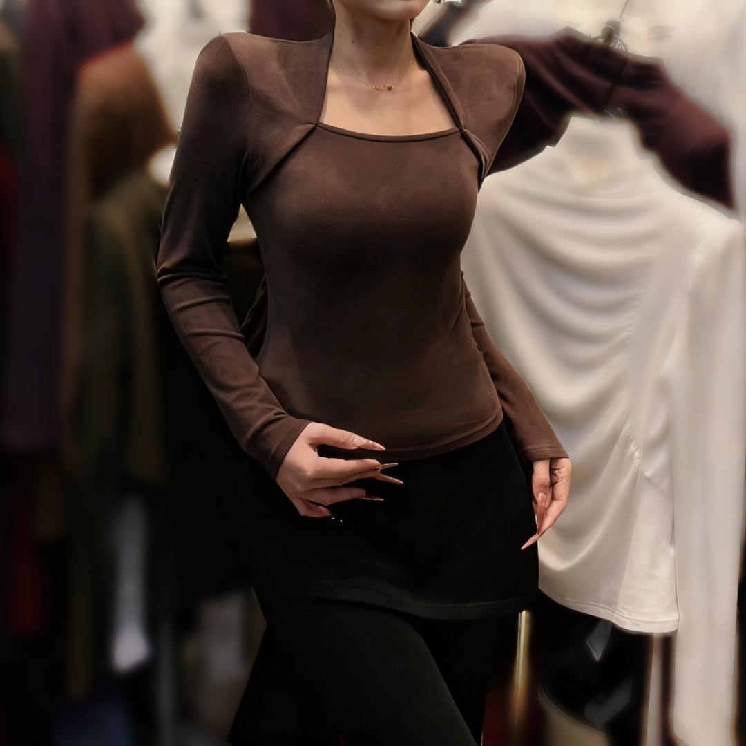 BAI NI ER披肩设计假两件垫肩方领长袖磨毛上衣女秋修身打底衫T恤