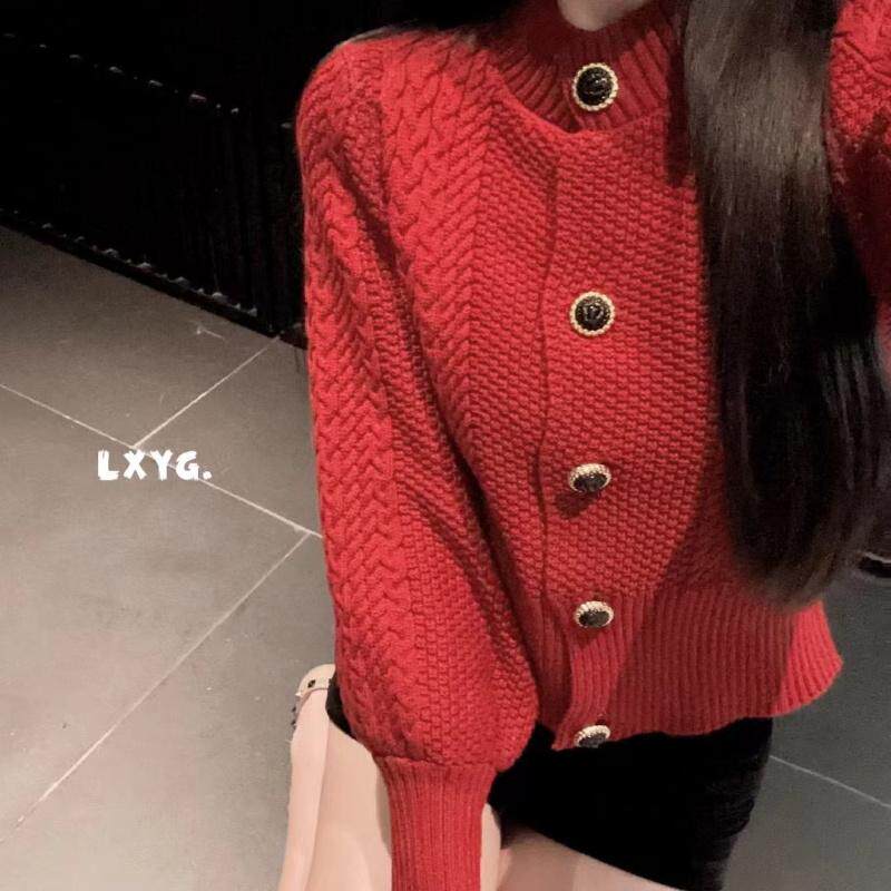LXYG2025春装新款红色复古小香风麻花羊蹄袖毛衣外套女针织开衫潮