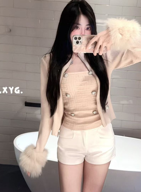 LXYG秋冬新轻奢名媛真狐狸毛金扣吊带针织开衫女修身显瘦两件外套