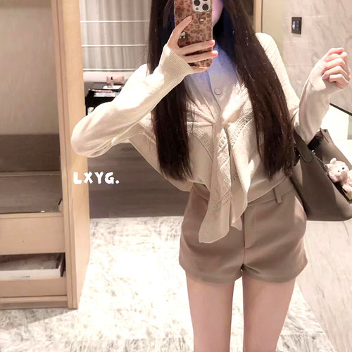 小香风披肩设计感亮丝针织开衫女LXYG2025秋松弛感显瘦外套两件套