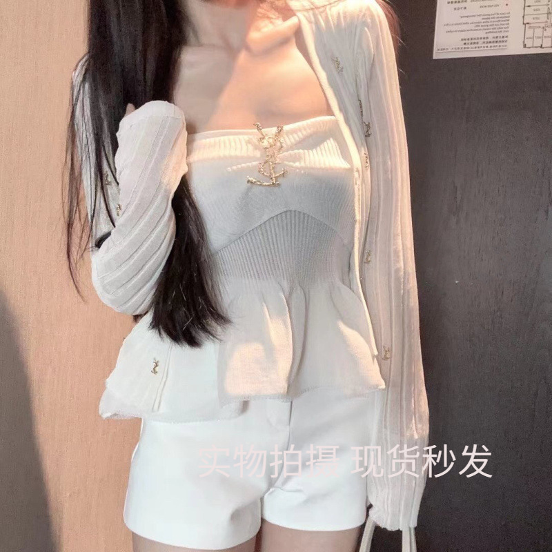 LXYG重工字母开衫微透冰丝修身长袖薄外套女V领防晒空调针织衫夏